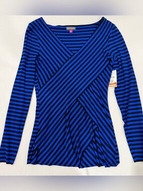 NET Vince Camuto Royal Blue and Black Striped Faux-Wrap Long Sleeve Top